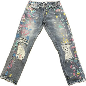 MANGO Women’s Ankle Cropped Medium Wash Ripped Paint Spatter Jeans Sz. 2